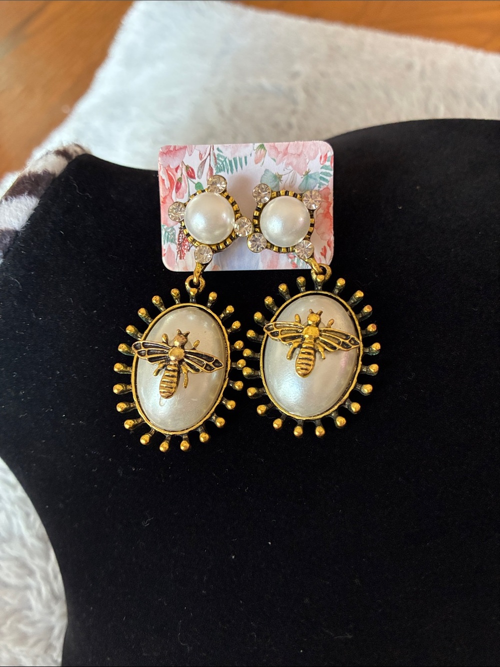 Gold Bee Pearl Drop Earrings - Women's Jewelry